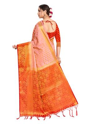Pink woven art silk saree with blouse 3