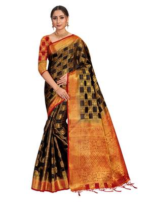 Black woven art silk saree with blouse 1