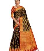 Black woven art silk saree with blouse