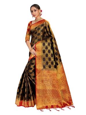 Black woven art silk saree with blouse 2