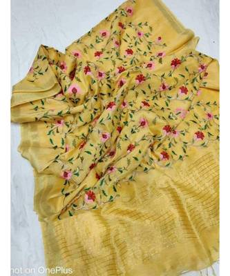 Handwoven silk linen saree with floral embroidery work 1