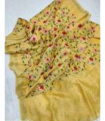 Handwoven silk linen saree with floral embroidery work