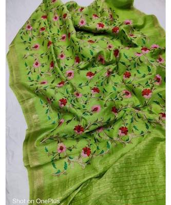 Handwoven silk linen saree with floral embroidery work 1