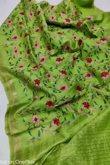 Handwoven silk linen saree with floral embroidery work