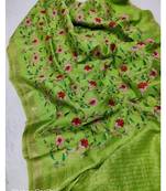 Handwoven silk linen saree with floral embroidery work