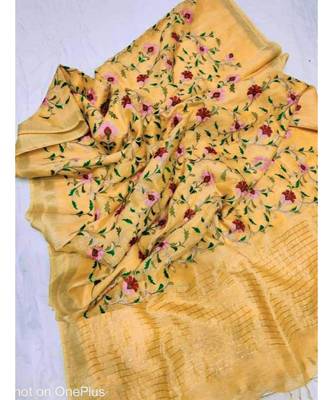 Handwoven silk linen saree with floral embroidery work 1
