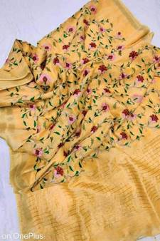 Handwoven silk linen saree with floral embroidery work