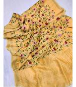 Handwoven silk linen saree with floral embroidery work