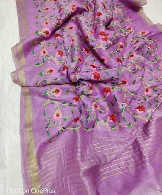 Handwoven silk linen saree with floral embroidery work 1