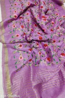 Handwoven silk linen saree with floral embroidery work