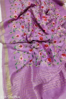 Handwoven silk linen saree with floral embroidery work