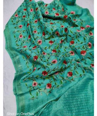 Handwoven silk linen saree with floral embroidery work 1