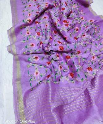 Handwoven silk linen saree with floral embroidery work 1