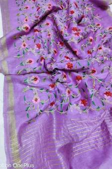 Handwoven silk linen saree with floral embroidery work
