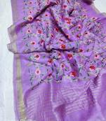 Handwoven silk linen saree with floral embroidery work