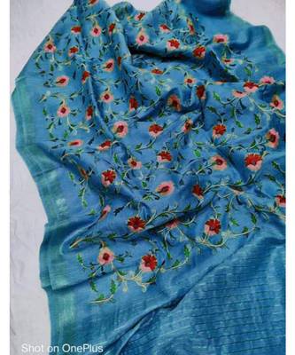 Handwoven silk linen saree with floral embroidery work 1