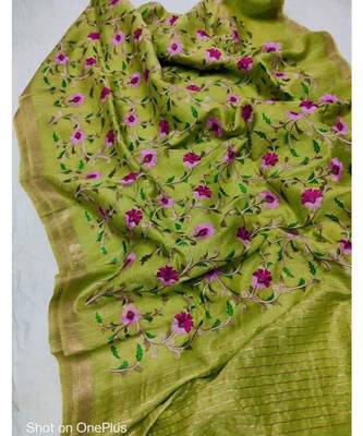 Handwoven silk linen saree with floral embroidery work 1