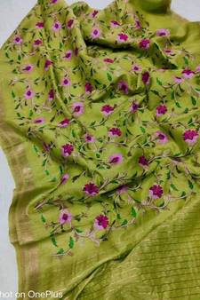 Handwoven silk linen saree with floral embroidery work