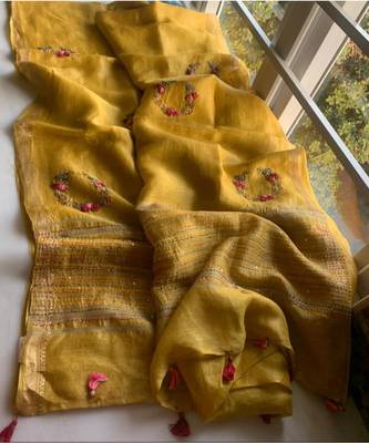 Handwoven silk linen saree with floral embroidery work 1