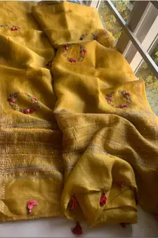 Handwoven silk linen saree with floral embroidery work