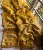 Handwoven silk linen saree with floral embroidery work