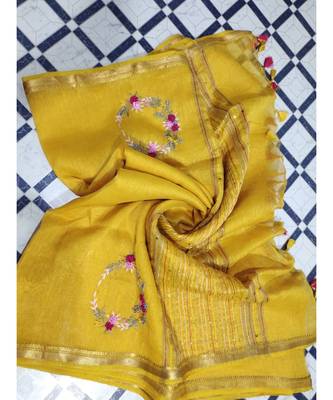 Handwoven silk linen saree with floral embroidery work 1