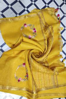 Handwoven silk linen saree with floral embroidery work