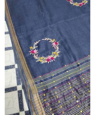 Handwoven silk linen saree with floral embroidery work 1