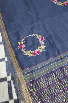 Handwoven silk linen saree with floral embroidery work