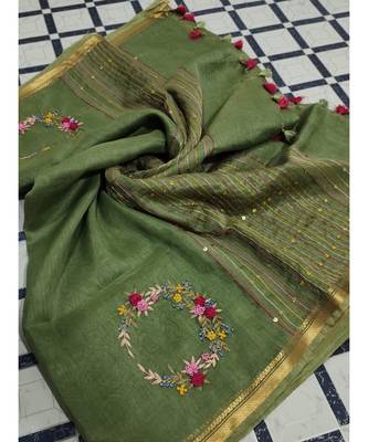 Handwoven silk linen saree with floral embroidery work 1
