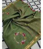 Handwoven silk linen saree with floral embroidery work