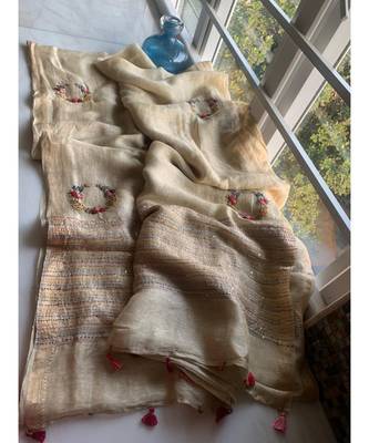 Handwoven silk linen saree with floral embroidery work 1