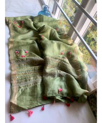 Handwoven silk linen saree with floral embroidery work 1