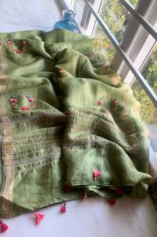 Handwoven silk linen saree with floral embroidery work