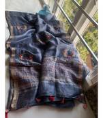 Handwoven silk linen saree with floral embroidery work