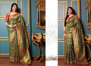 Green woven banarasi silk saree with blouse 2