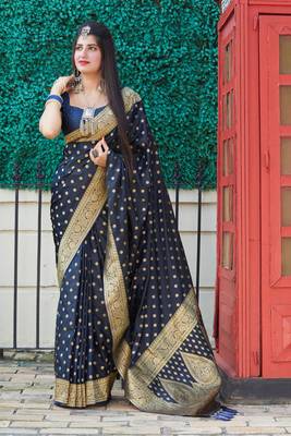 Blue woven banarasi silk saree with blouse 1