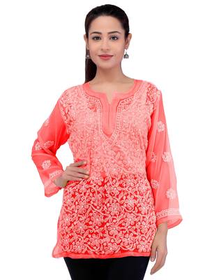 Lavangi Women Lucknowi Chikankari Georgette Short Top (Gajiri) 1