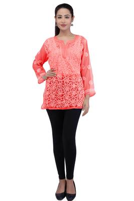 Lavangi Women Lucknowi Chikankari Georgette Short Top (Gajiri) 2