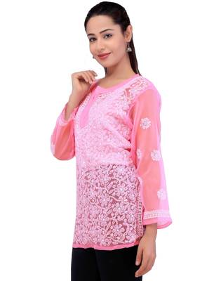 Lavangi Women Lucknowi Chikankari Georgette Short Top (Gajiri) 3