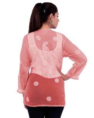 Lavangi Women Lucknowi Chikankari Georgette Short Top (Gajiri) 4
