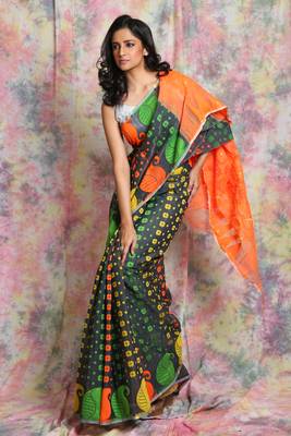 Grey Jamdani Saree With Orange Pallu Without Blouse 1