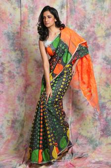 Grey Jamdani Saree With Orange Pallu Without Blouse