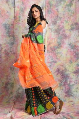Grey Jamdani Saree With Orange Pallu Without Blouse 2