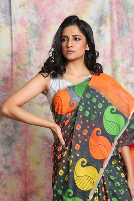 Grey Jamdani Saree With Orange Pallu Without Blouse 3