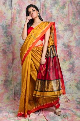 Mustard woven blended cotton saree with blouse 1