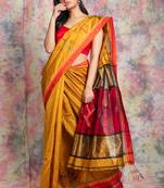 Mustard woven blended cotton saree with blouse