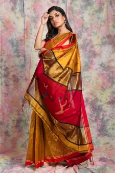 Mustard woven blended cotton saree with blouse