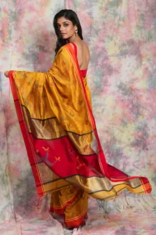 Mustard woven blended cotton saree with blouse
