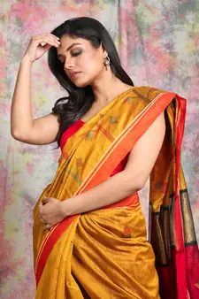 Mustard woven blended cotton saree with blouse